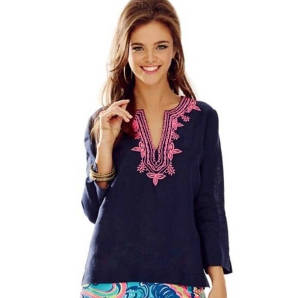 Lilly Pulitzer Navy Embroidered 3/4 Sleeve Blouse